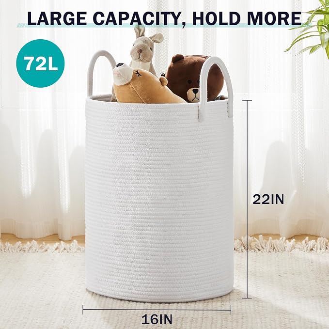 Woven Rope Laundry Hamper Basket by YOUDENOVA, 72L Tall Luandry Basket, Baby Nursery Hamper for Blanket Storage in Bedroom-Large-Pure White | Large Woven Laundry Hamper with Sturdy Handles, Collapsible Home Decor Laundry Basket for Laundry, Clothes, To...