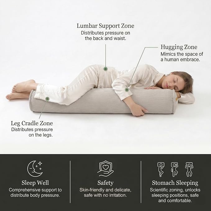 Long Pillow for Bed – Corduroy Round Bolster Pillow for Adults, Decorative Body Pillow for Sleeping or Sofa Support,39 x 7.87 Inches,Beige Gray