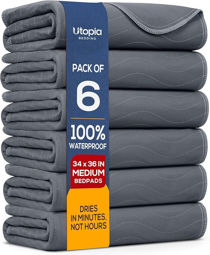 6 Pack Waterproof Reusable Heavy Absorbency Incontinence Bed Pads 34"x36" | Utopia Bedding Washable Underpads, Chuck Pads for Adults, Kids, Elderly and Pets, Bedwetting Pads for Sofa and Couch, Grey