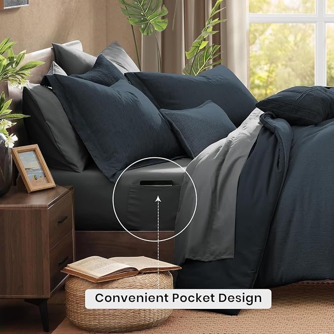 Monbix California King Size Comforter Set 7 Pieces Navy Blue Bed in a Bag | Cationic Dyeing Reversible All Season Bedding Sets with Comforter, Sheets, Pillowcases & Shams