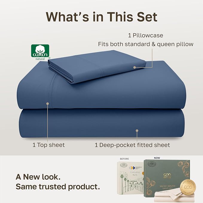 California Design Den Luxury 600 Thread Count Twin Size Sheets, 3 Pc Set | 100% Cotton Sateen Backed by Good Housekeeping Seal, Soft & Smooth, All-Around Elastic, Durable, Easy Care - Dusty Navy Blue