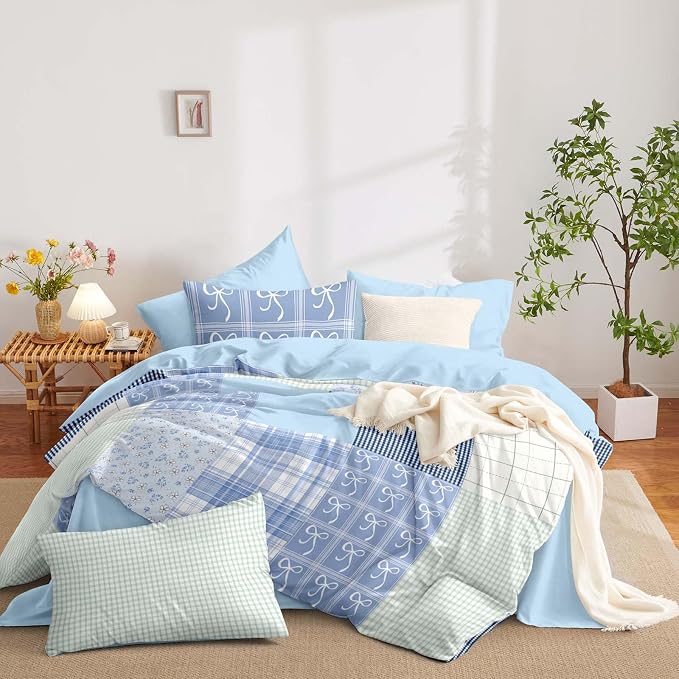 Nayoroom Plaid Duvet Cover Queen Size Reversible Blue Patchwork Checkered Duvet Cover Dorm Bedding Set 3 Pieces Soft Lightweight Washed Microfiber Farmhouse Bedding Set Gifts for Women Men