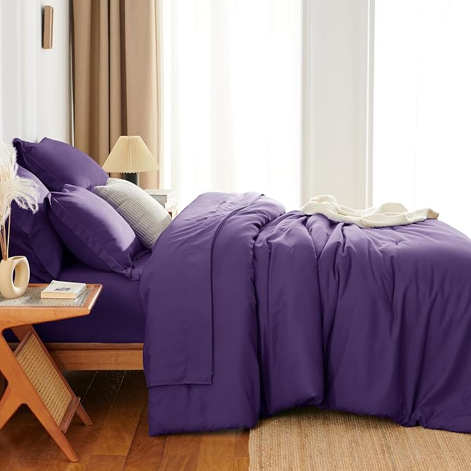 HIMEET King Comforter Set, 7-Piece Point-Quilted Bed in a Bag, Purple | OEKO-TEX Certified, Lightweight 240 GSM Comforter, Flat Sheet, 14-Inch Deep-Pocket Fitted Sheet, Pillowcases & Shams