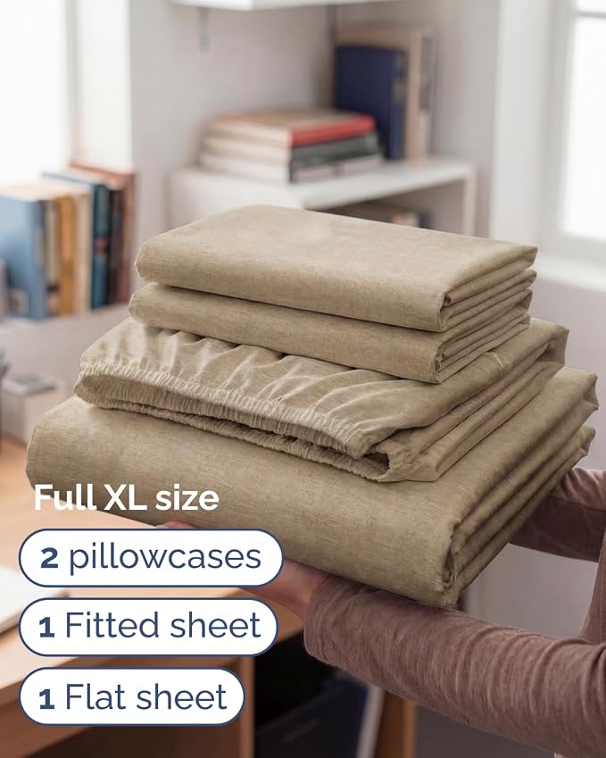 Full XL Sheets - 4 Piece Full XL Sheet Set - Soft & Cooling - Heathered Tan | Hotel Luxury Bedding for Women & Men with Deep Pockets, Ultra-Soft, Comfy, Easy-Fit, Wrinkle Free & Fade Resistant, Oeko-Tex