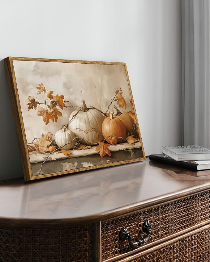 WHASAYART Vintage Pumpkin Thanksgiving Wall Art 12x16 Framed Canvas Print with Fall Leaves, Rustic Autumn Season Painting, Cozy Harvest Dining Room Kitchen Farmhouse Decor