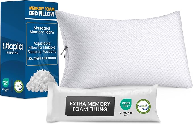 Utopia Bedding Shredded Memory Foam Pillows, Cooling Pillow, King, 1 Pack | Adjustable Bed Pillow for sleeping, Washable Jacquard-Polyester Cover, Support for back, side & stomach sleepers, Pack of 1