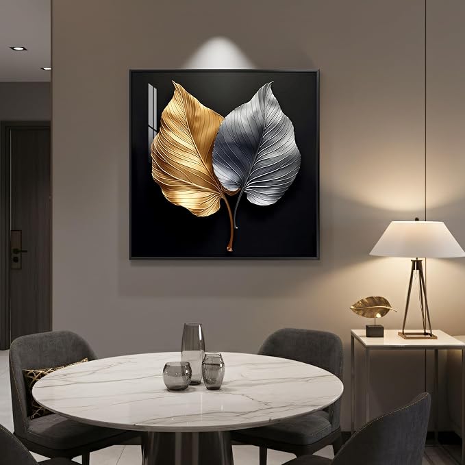 Framed Modern Gold and Silver Elegant Luxury Wall Art Decor, 24x24 In | Leaf, Canvas prints, Contemporary paintings, Minimalist pictures, Black, Living room, Dining room, Lounge wall decor