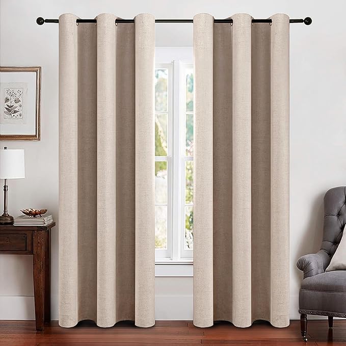 MIULEE 100% Blackout Linen Curtains for Bedroom 42x84 Inches Natural Beige | Room Darkening, Light Blocking, Thermal Insulated, Grommet Top, Linen Textured, Window Curtains for Living Room, 2 Panels
