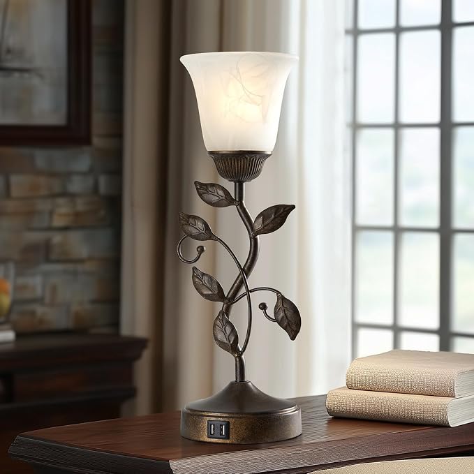 Set of 2 Touch Farmhouse Bedroom Table Lamps 2 USB C+A | Nightstand Vintage Flower Lamps, 3 Way Dimmable Leaf Lamp for Living Room with White Glass Shades, Bulbs Included