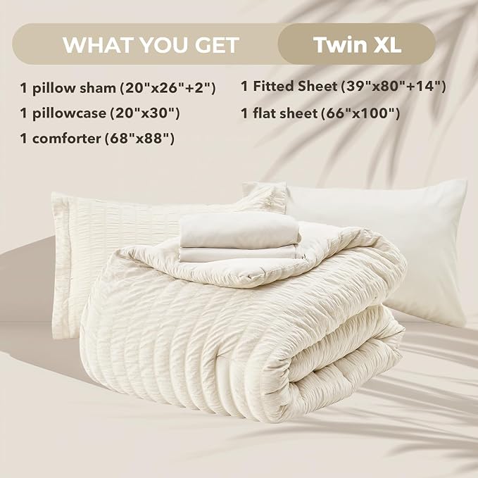 HYMOKEGE Ivory Twin XL Comforter Set Seersucker 5 Pieces, All Season Luxury Bed in a Bag for Bedroom, Bedding Set with Comforter, Sheets, Pillowcase & Sham