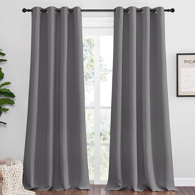 NICETOWN Bedroom Blackout Curtains Panels, 1 Pair, 55 x 108-inch, Grey | Triple Weave Energy Saving Thermal Insulated Solid Grommet Blackout Draperies for Patio