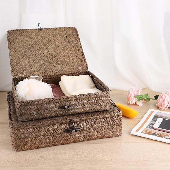 Hipiwe Set of 2 Flat Woven Wicker Storage Bins with Lid Seagrass Basket | Natural Decorative Baskets Multipurpose Home Boxes for Shelf Organizer Home Decor (Coffee)