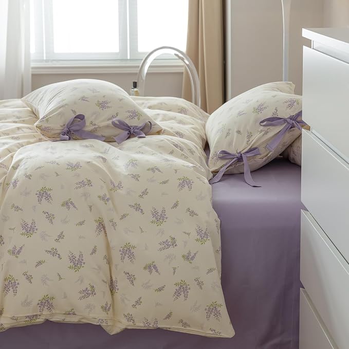 mixinni Lavender Flower Duvet Cover King Cotton Teenage Girls Flower Leaf Print 3pc Soft Cottage Ribbon Bedding Set Comforter Cover with Bowknot Pillowcase Perfect for Girls- (3pcs, King Size)