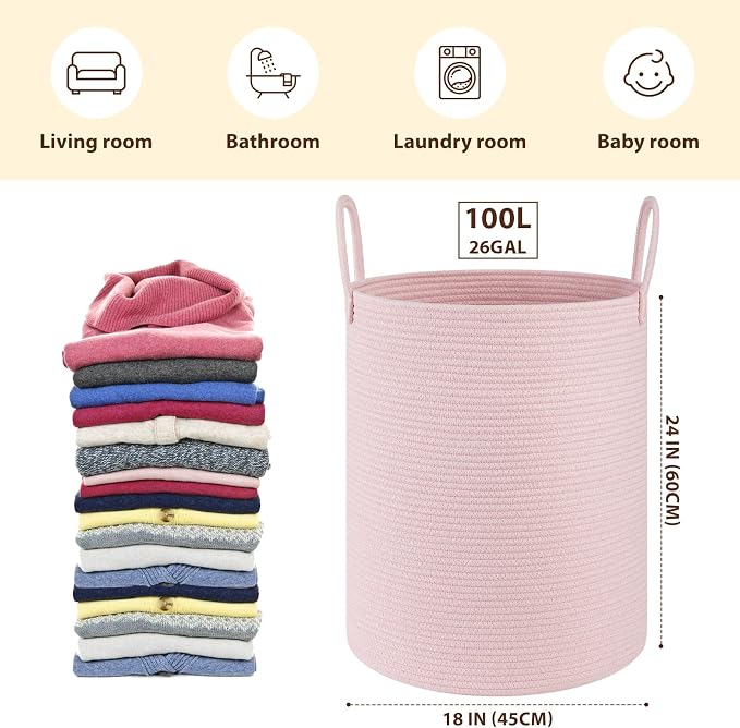 OIAHOMY 100L Nursery Hamper Laundry Basket Laundry Hamper Pink | collapsible Blanket Basket Cotton Rope Woven Basket Dirty Clothes Hamper Baby Hamper Tall Clothes Hamper with Handles