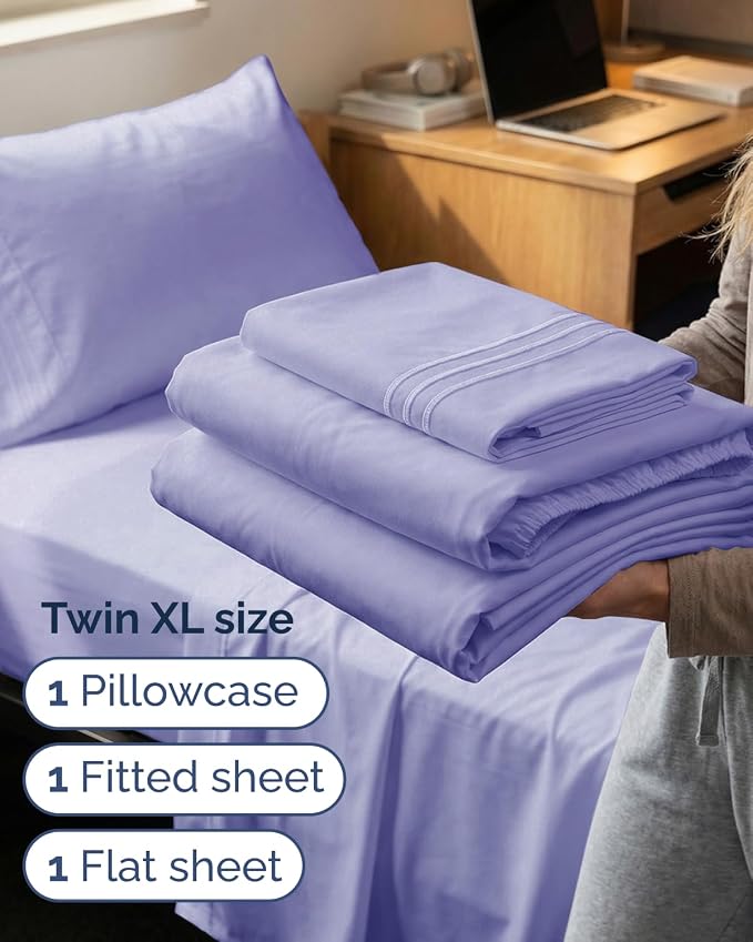 Twin XL 3 Piece Sheet Set - College Dorm Room Essentials - Lavender | Deep Pocket Bed Sheets for Women, Men, Teens & Students, Soft, Cooling, Breathable & Wrinkle Free, Oeko-Tex Bed Sheet Set