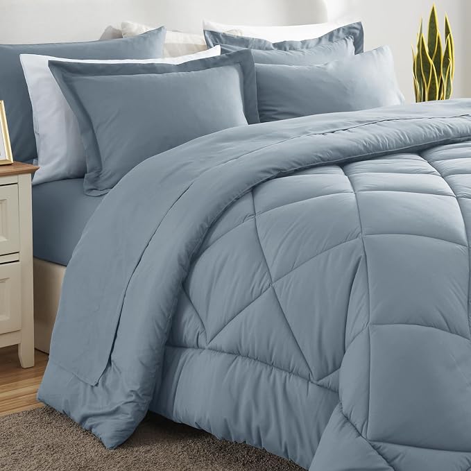 Oversized Queen Comforter Set Dusty Blue - 7 Pieces Bed in a Bag | OEKO-TEX Certified, All Season, 240GSM Down-Alternative Comforter, Sheets, Pillowcases & Shams, 14" Deep Pocket, Easy Care