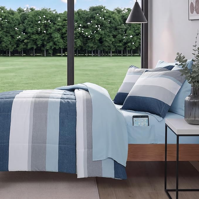 Monbix Queen Comforter Set-7 Pieces Striped Bed in a Bag Queen Bedding Sets | All Season Sailor Blue Reversible Soft Comforter Bed Set with Sheets, Pillowcases & Shams