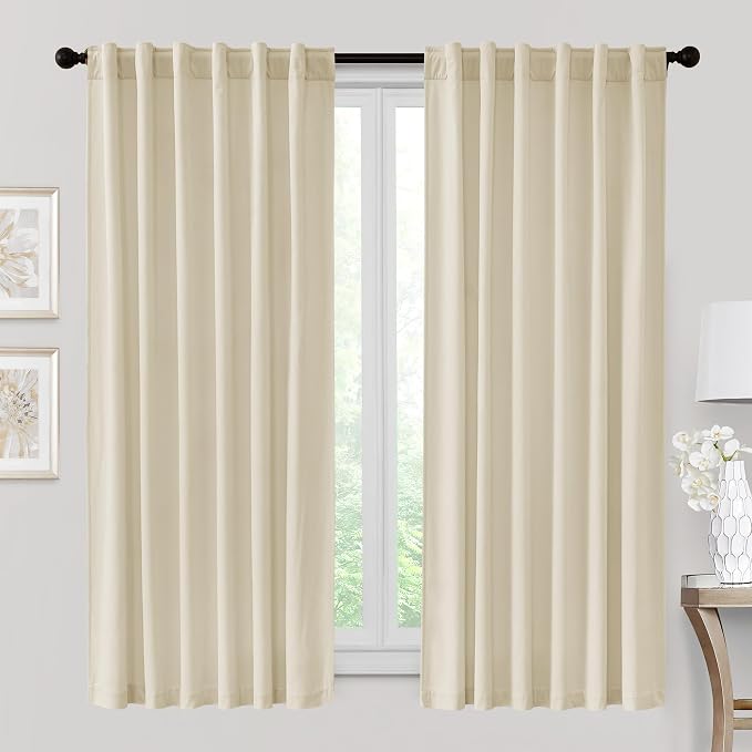 RYB HOME Beige Velvet Curtains 72 inches Length - Thermal Insulated Noise Reducing Panel Soft Vertical Sense Window Decor for Cottage Farmhouse, Width 52 x Length 72 inch, Beige, 2 Panels