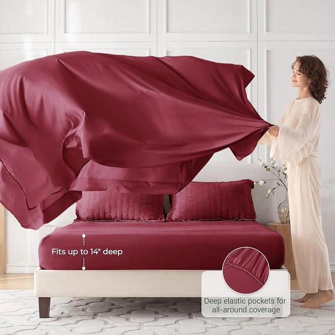 7 Pieces California King Comforter Set, Seersucker Bed in a Bag Cal King Size, All Season Luxury Bedding Set with Comforter, Flat Sheet, Fitted Sheet, Pillowcases & Shams, Burgundy