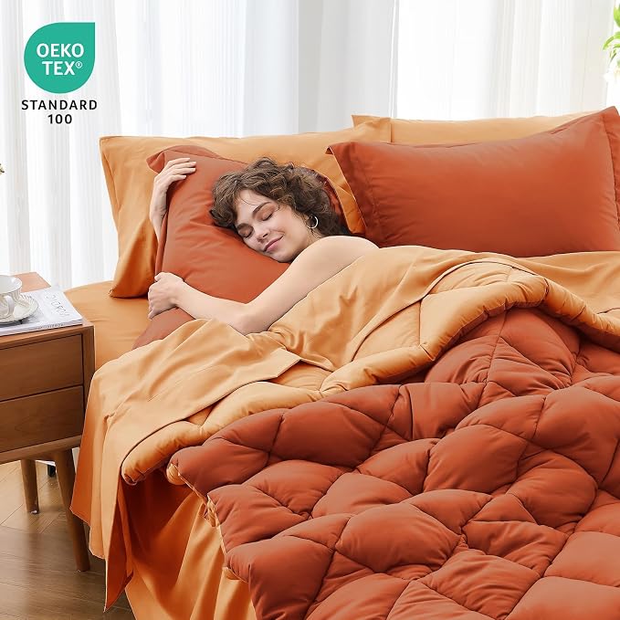 7 Pieces Full Comforter Set, Reversible Bed in a Bag Full Size, All Season Bedding Set with Comforter, Flat Sheet, Fitted Sheet, Pillowcases & Shams, Burnt Orange & Camel