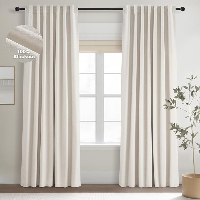 Topfinel 100 Inch Long Black Out Custom Drapery Panels, Cream White Blackout Off-White Curtains, Nursery Kids Heat Blocking Sound Block Tab Top Rod Pocket Curtains for Patio Bay Window Winter