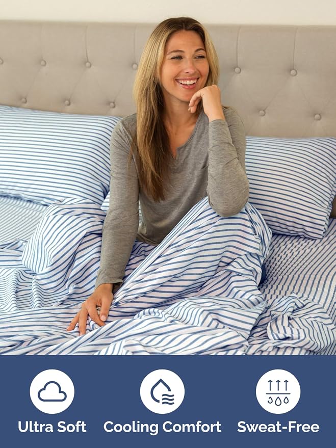 Extra Deep Full Fitted Sheet - Single Fitted Sheet Only - Blue Stripes | Easily Fits 18 inch to 24 inch Mattress, Soft, Wrinkle Free, Breathable & Comfy, Extra Deep Pockets Hotel Luxury Fitted Sheet