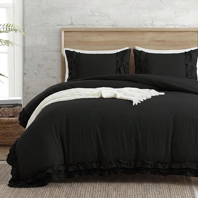 Bedorm Black Duvet Cover King Pleated Ruffled Bedding Set Shabby Chic Lace Ruffle Fringe French Country Room Decor Super Soft Cozy Black Boho Duvet Cover Sets