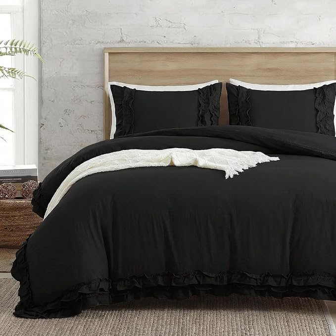 Bedorm Black Duvet Cover Twin Pleated Ruffled Bedding Set Shabby Chic Lace Ruffle Fringe French Country Room Decor Super Soft Cozy Black Boho Duvet Cover Sets