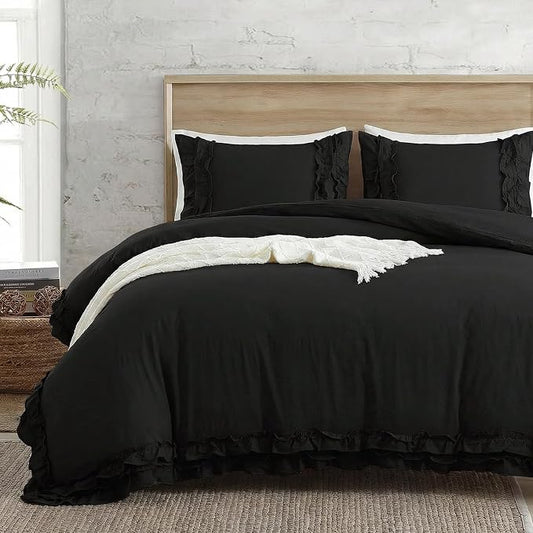 Bedorm Black Duvet Cover Twin Pleated Ruffled Bedding Set Shabby Chic Lace Ruffle Fringe French Country Room Decor Super Soft Cozy Black Boho Duvet Cover Sets