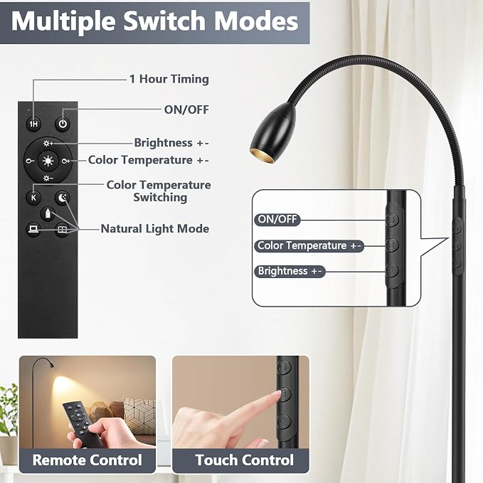 Reading Floor Lamp, 72" LED Dimmable Lamp with Gooseneck,Zoomable Spotlight | Adjustable Color Beam Standing Lamp, Touch & Remote Control, for Task Craft, Sewing, Bedroom Living Room, Office, Matte Black