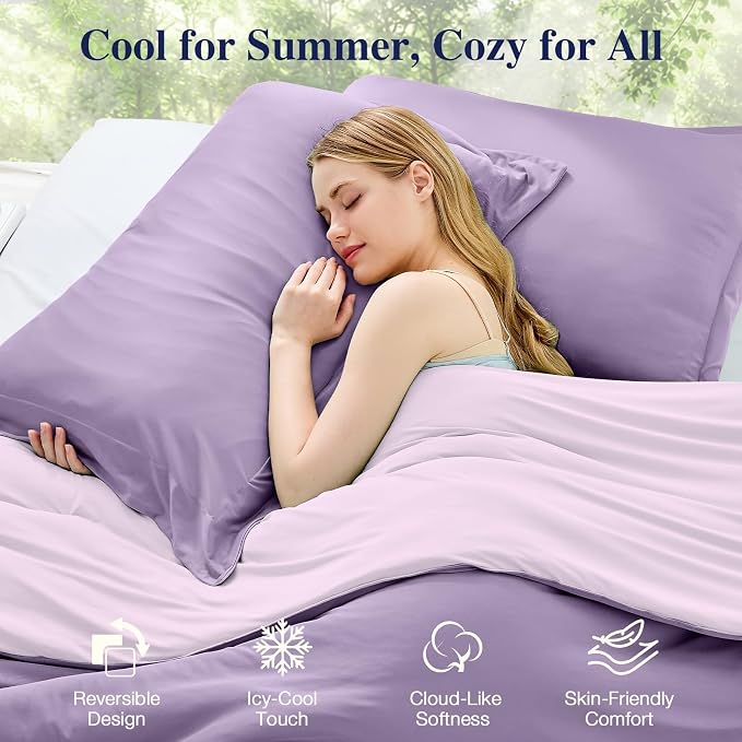 Cooling Comforter Set Twin XL Size, Lightweight Summer Comforter for Hot Sleeper, Reversible Bedding with ICY Cooling Surface, Includes 1 Comforter (68"x 88") and 2 Shams (20"x 26"), Lavender