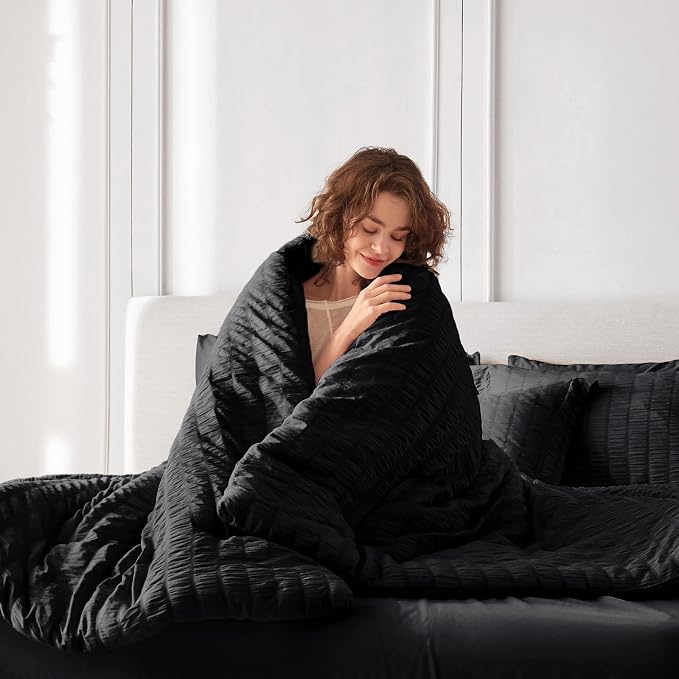 7 Pieces Oversized King Comforter Set, Seersucker Bed in a Bag Oversized King Size, All Season Luxury Bedding Set with Comforter, Flat Sheet, Fitted Sheet, Pillowcases & Shams, Black