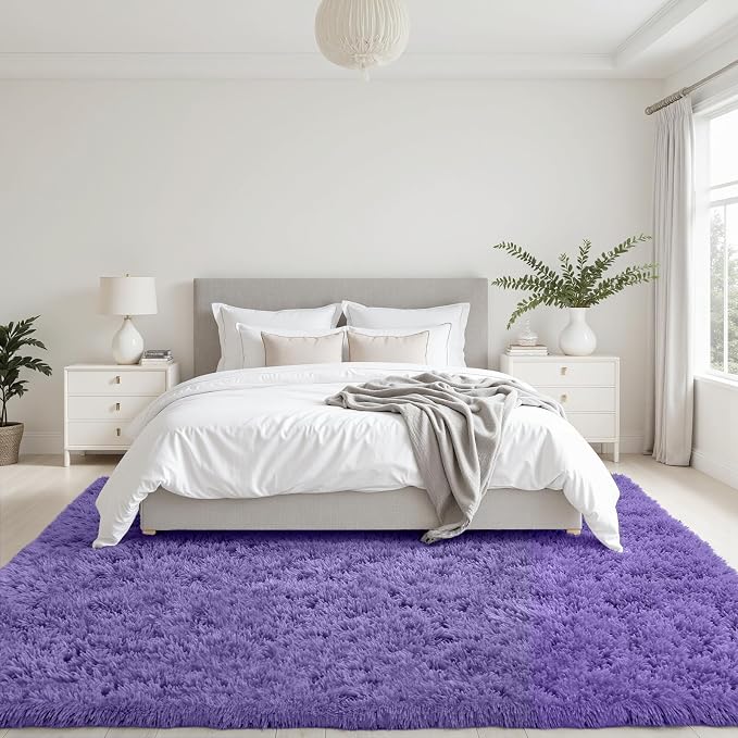 6x9 Fluffy Shag Area Rugs for Living Room Bedroom: Soft Plush Carpet Purple | Upgraded Non-Slip Thick Memory Foam, Ultra Soft, Non-Shedding Fuzzy Carpet, Easy Clean Decor for Kids Room, Nursery, Playroom