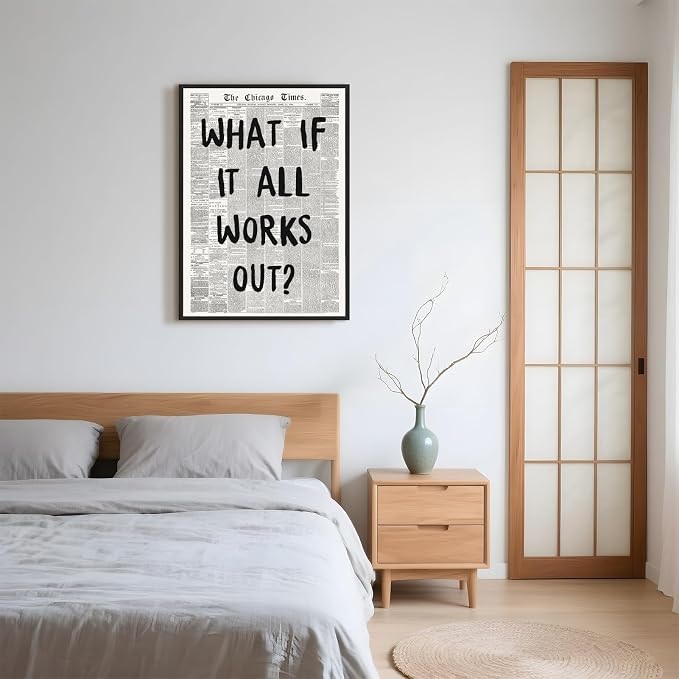 Framed What If It All Works Out Wall Art Black and White Newspaper Poster | Retro Positive Motivational Canvas Print Painting Inspirational Quote Picture Decor for Office Home Bedroom Dorm 16x24inch
