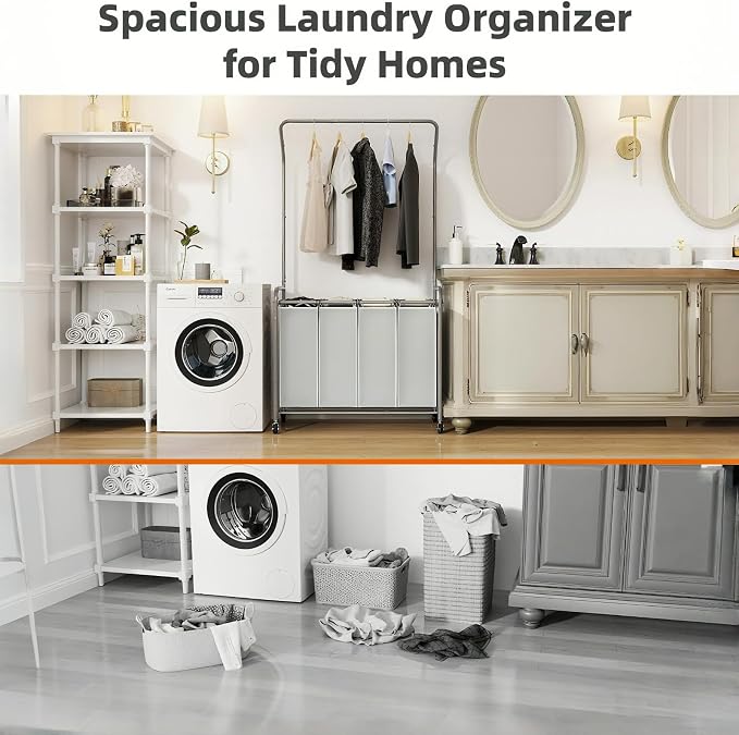 ROMOON Laundry Hamper Sorter Cart, 4 Section Organizer with Hanging Bar | 180L Rolling Laundry Basket with Heavy-duty Lockable Wheels and Clothes Rack for Laundry Room, Closet, Small Spaces, Grey