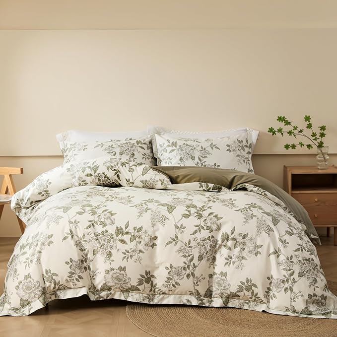 OAITE Queen Duvet Cover Set 3pcs 100% Cotton 600 Thread Count with Floral | Luxury Soft, Breathable,Long Staple Cotton,Hidden Zipper,8 Corner Ties,Easy Care for All Season