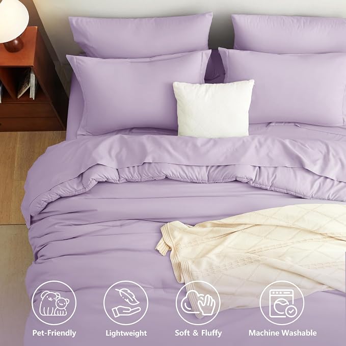Full Size Comforter Set Lavender, 7 Pieces Bed in a Bag | OEKO-TEX Certified, All-Season, Bedroom, 240GSM Down Alternative Comforter, Flat & Fitted Sheets, 2 Pillowcases & 2 Shams