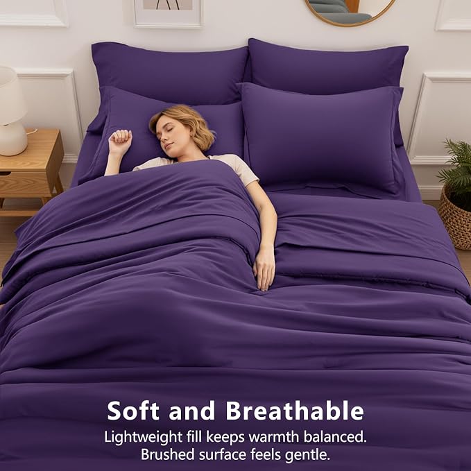 HIMEET King Comforter Set, 7-Piece Point-Quilted Bed in a Bag, Purple | OEKO-TEX Certified, Lightweight 240 GSM Comforter, Flat Sheet, 14-Inch Deep-Pocket Fitted Sheet, Pillowcases & Shams