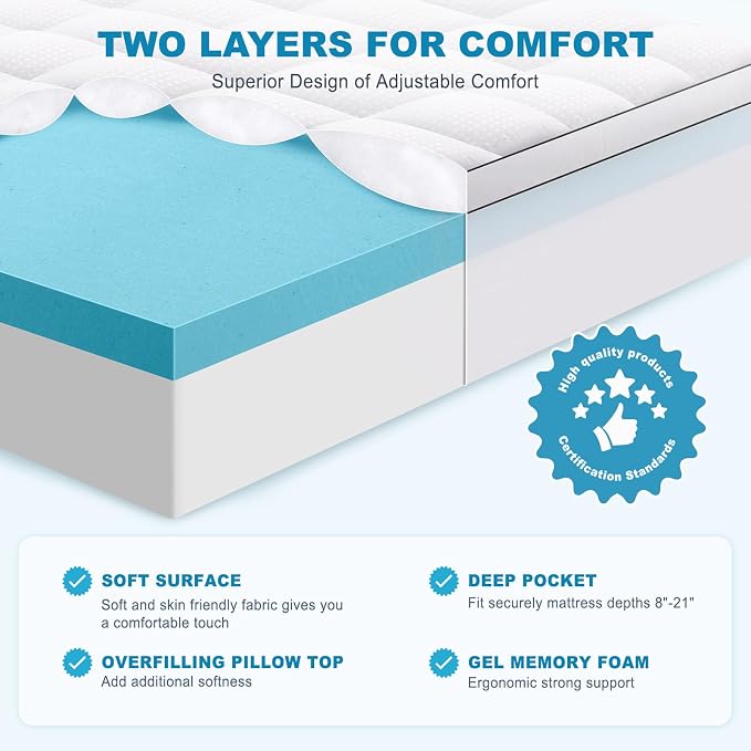 MASVIS California King Size Dual Layer 4 Inch Memory Foam Mattress Topper, 2 Inch Gel Memory Foam and 2 Inch Cooling Pillow Top Mattress Pad Cover for Back Pain, Medium Support