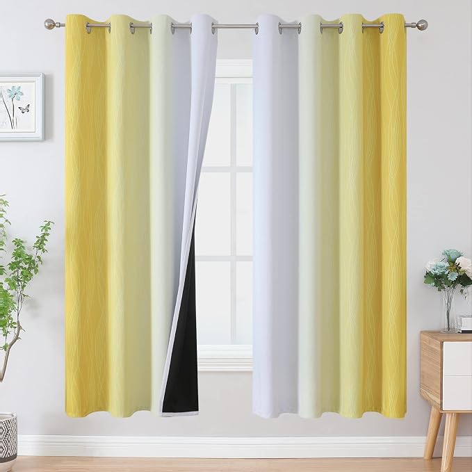 Yellow and Greyish White Ombre Blackout Curtains for Living Room 72 Inch | Estelar Textiler Room Darkening Curtains for Bedroom, Thermal Insulated,Energy Saving Grommet Window Drapes,52Wx72L,2 Panels