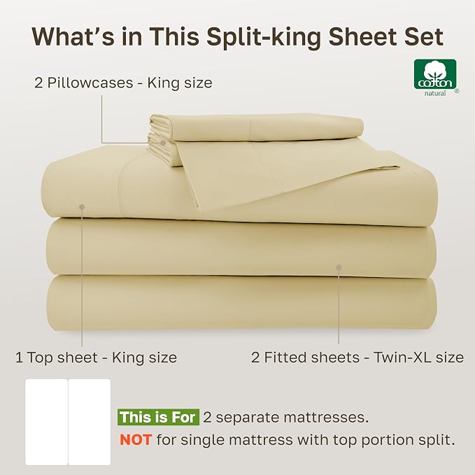 California Design Den 100% Cotton Sateen Split King Bed Sheet Set, 5 Pcs | 500 Thread Count with GH Seal, Split King Sheets Sets for Adjustable Bed with 2 Separate Twin-XL Mattresses, Butter Almond