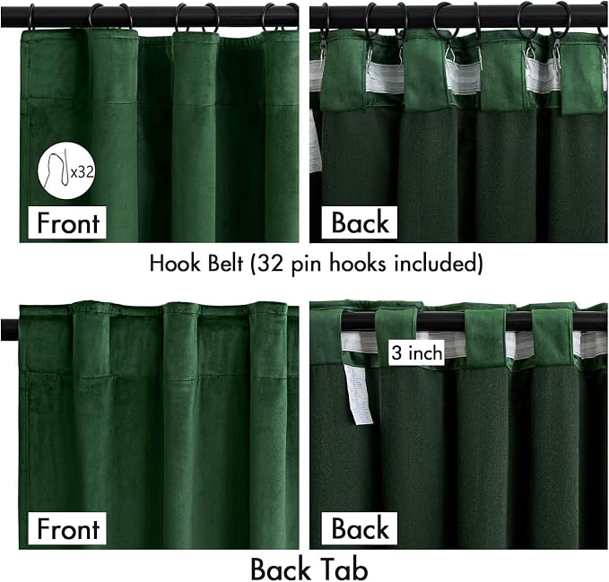 MIULEE Velvet Curtains 50W x 90L 2 Panels Hunter Green Blackout Curtains | Luxury velvet fabric, pinch pleat design, back tab hooks, thermal insulated, blackout light blocking, for living room bedroom