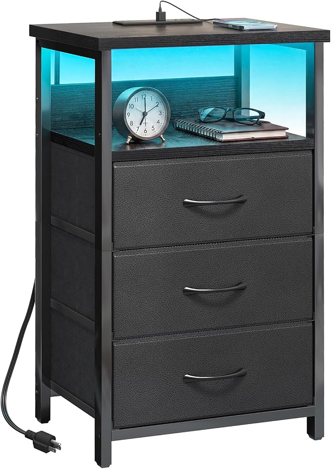 Fixwal Night Stand with 3 Drawers, Black Nightstand with Charging Station | led lights, built-in bedside charger, 2 AC outlets & 2 usb ports, 2 wooden shelves, fabric drawers, bedroom furniture