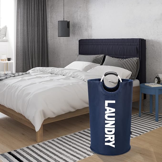 DOKEHOM 125L X-Large Laundry Basket Bag, Collapsible Tall Hamper, Dark Blue | Freestanding tall washing bin & foldable laundry bag. Extra large clothes storage basket with durable sturdy handles