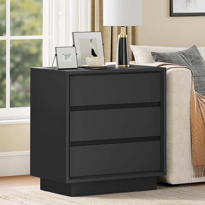 TEENFON Night Stand with 3 Drawers, Nightstand Side Table with Cut-Out Handle, Bedside End Table for Bedroom, Black, 17.7″ L × 15.7″ W × 23.6″ H