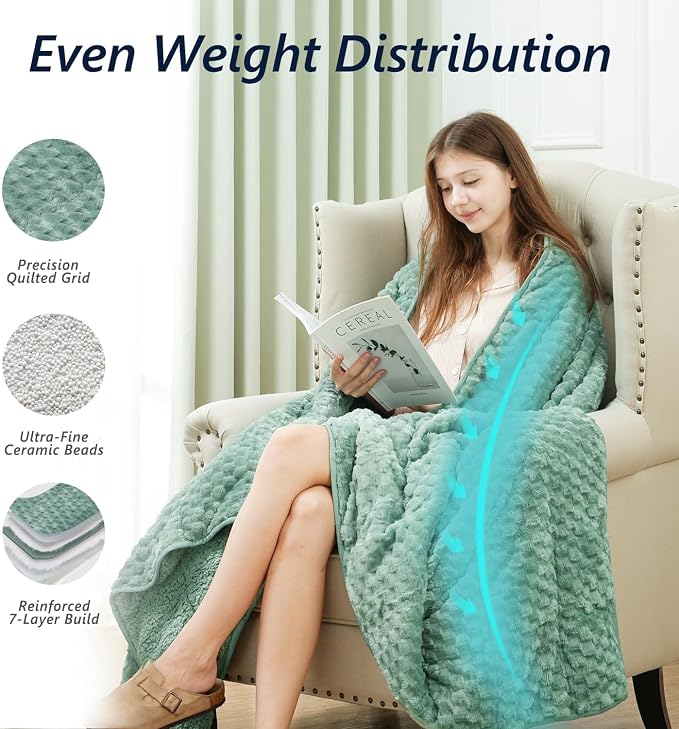 Mr. Sandman Weighted Blankets for Adults, Queen Size 80 x 87 Inches, 15lbs | Machine Washable; Soft Warm Sherpa Fleece; Jacquard Flannel Filled with Glass Beads; Heavy Throw for Sleep and Calm; Green