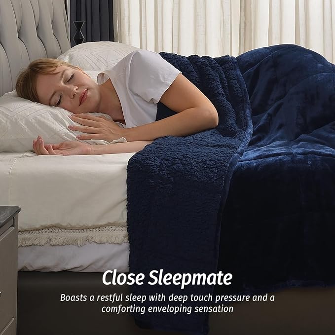 Sherpa Weighted Blanket for Adult 20 lbs Queen 60"x80" Navy Blue | Deep Pressure Wraps, Relax Body & Mind, Better Sleep, Dual Sided Cozy Heavy Blanket, Soft Plush Flannel Top, Ideal Gift