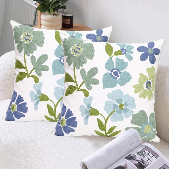 Pack of 2 Embroidered Decorative Throw Pillow Cover 18x18 Inch Farmhouse Floral Pillowcase for Living Room Sofa Bed (Grass Flower)