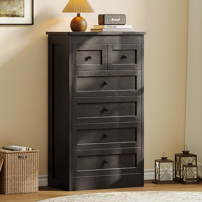 wanan Tall 6 Drawer Dresser for Bedroom, Black Modern 43.3'' Tall Wood Chest of Drawers, Storage Organizer with Smooth Metal Rails & Anti-Tip Kit for Closet, Hallway, Living Room