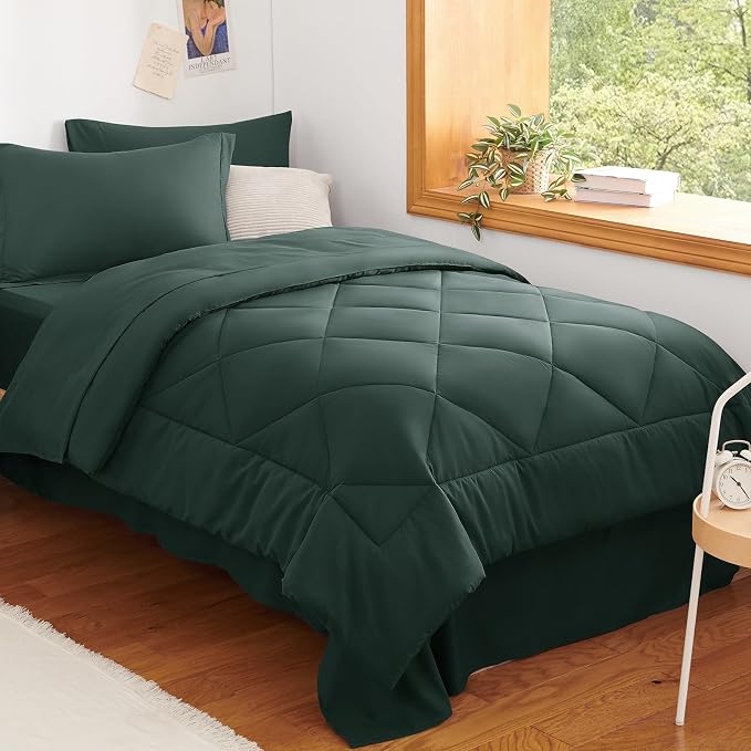 Twin XL Comforter Set Forest Green - 5 Pieces Complete Bedding Set | College Dorm Essentials, OEKO-TEX Certified, All Season, 240GSM Down-Alternative Comforter, Sheets, Pillowcase & Sham